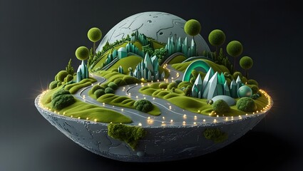 Miniature fantasy world globe with lush green landscape and glowing lights