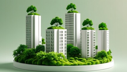 Eco friendly urban landscape with green buildings and lush vegetation