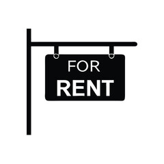 Black sign stating for rent hangs suspended from a black pole against white backdrop