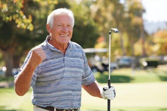 Happy senior man celebrating victory on golf course, holding club with joy, surrounded by lush greenery and bright autumn colors in outdoor setting