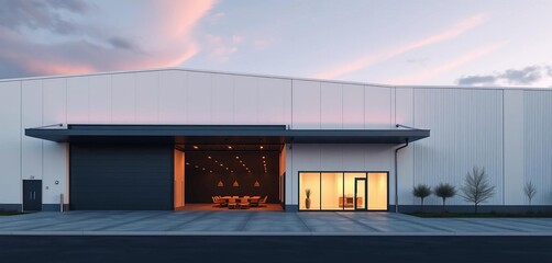 Sleek, modern warehouse exterior with attached minimalist office,  business,  building