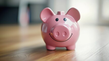 A pink piggy bank with a smiling face on a wooden table.