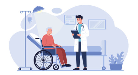 Doctor consulting elderly patient in wheelchair at hospital, International Doctor's Day  