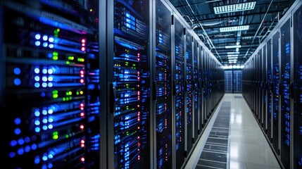 A long, narrow hallway with rows of black server racks and glowing blue lights in a data center.