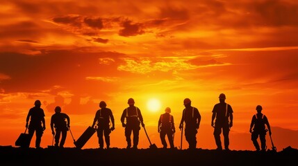 A group of construction workers standing on a hill with a sunset in the background.