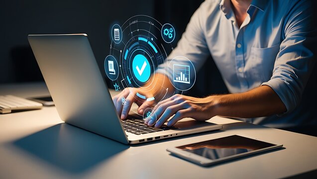 Man typing on laptop with futuristic digital interface and glowing technology in background