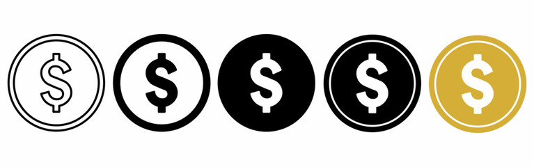 Vector illustration of dollar coin symbols in various styles including outline, black solid, and gold. Suitable for finance, money, economy, and banking themes.