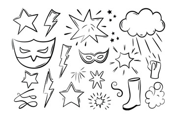 Superhero Icon Illustration: A vibrant illustration featuring superhero-themed icons, showcasing masks, stars, lightning bolts, explosions, and more, designed to evoke a sense of adventure, power.