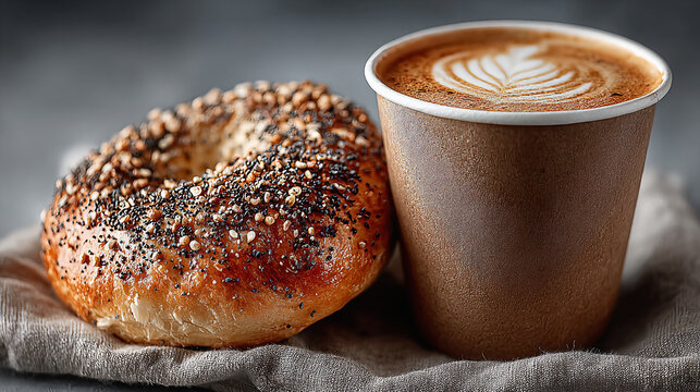 Classic Everything Bagel and Latte in To-Go Cup. Both are casually placed on a textured linen cloth against a muted background, ideal for cafe promotions, morning routines, or quick meal concepts. - Powered by Adobe
