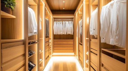 A spacious modern walk-in wardrobe with elegant wood finishes, glowing lights, and perfectly organized designer clothes.