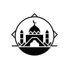 Fototapeta premium Black mosque icon within decorative round border with moon creates a striking religious image