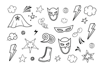 Superhero Elements Doodle: A whimsical collection of hand-drawn superhero-themed doodles, ready to inspire creativity and add a touch of fun to your design projects.