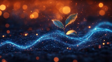 Tiny sprout emerging from glowing soil