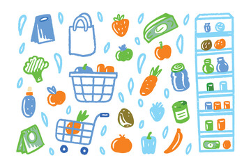 Fresh groceries: a playful illustration of a diverse array of fresh groceries. including a shopping cart, basket, and refrigerator, all filled with delicious fruits, vegetables, and food items.