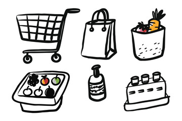 Shopping Essentials: A minimalist illustration of grocery shopping essentials, perfect for depicting various shopping cart and bag with products. 