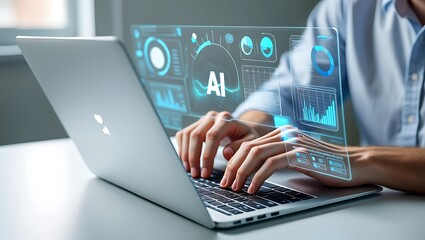 Person using a laptop with a futuristic holographic interface displaying ai data and charts