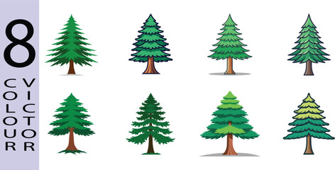 Fototapeta premium Eight Vibrant Evergreen Trees; Cartoon Style; Nature Illustration; Vector Graphics; Isolated on White Background