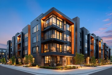 Obraz premium Modern multi-story residential apartment building with large glass balconies contemporary urban housing complex at sunset