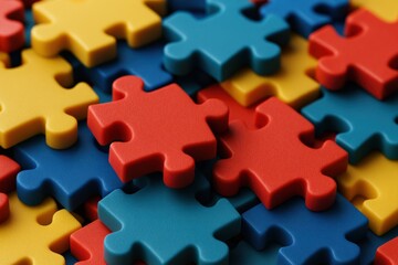 Colorful Plastic Puzzle Pieces Interlockings in Red Blue and Yellow for Brain Teasers Educational Activities and Child Play
