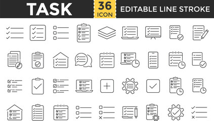 Task line icon set. Task outline Editable stroke and Pixel perfect icons. Checklist, checkmark, Business, Task List, Clipboard, productivity, note, document, Planning, gear, pencil Calendar, Reminder 