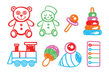 Playtime Treasures: A collection of delightful children's toys rendered in a cheerful, colorful illustration style, evoking a sense of fun and nostalgia. 