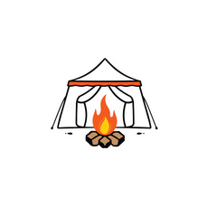 Vector art of a cartoon tent with a campfire in front of it on white