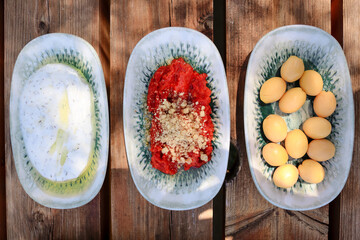 Turkish Meze Trio Haydari, Spicy Tomato Dip, Green Olives