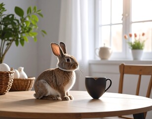 Easter bunny near a cup of coffee