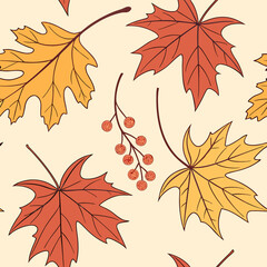 A seamless pattern featuring stylized autumn maple leaves in warm red and yellow hues interspersed with delicate branches of red berries on a cream background
