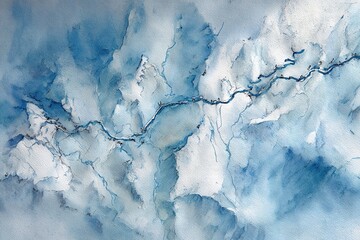 Artistic depiction of a serene river flowing through a wintry landscape at dawn, showcasing delicate watercolor brushwork and blending techniques
