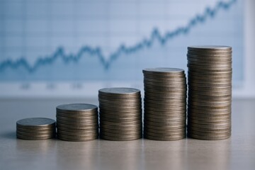 Detailed view of increasing coin stacks symbolizing financial growth and wealth accumulation with blurred financial chart in background