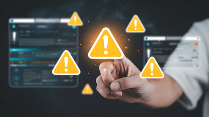 Urgent alert! Person interacts with digital warnings, highlighting data security threats and critical notifications for business risk management.