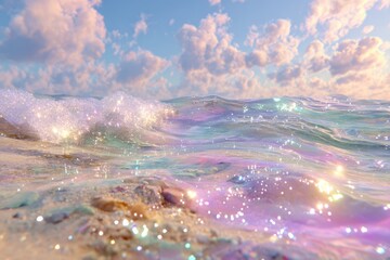 Stunning Ocean Wave with Iridescent Colors and Sparkling Water Droplets Under Soft Pastel Clouds, Capturing Serene Coastal Beauty and Tranquil Nature Scene