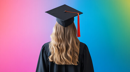 Graduate celebrates accomplishment. Graduation cap and gown signify academic success, marking a milestone on a vibrant background of educational pursuit.