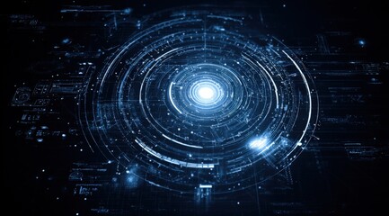 Futuristic digital technology background with glowing circular data interface and virtual circuit elements in dark blue and black tones