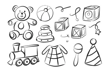 Collection of Children's Toys: A delightful illustration showcases an array of playful toys including a cuddly teddy bear, ball, building blocks, toy train.