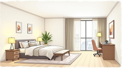 Interior bedroom scene with a study area.