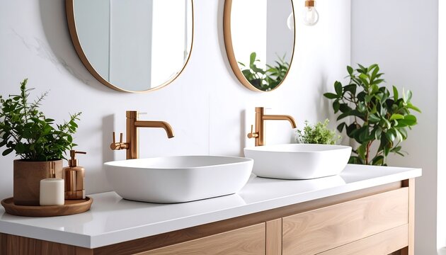 Modern bathroom with double sinks and plants