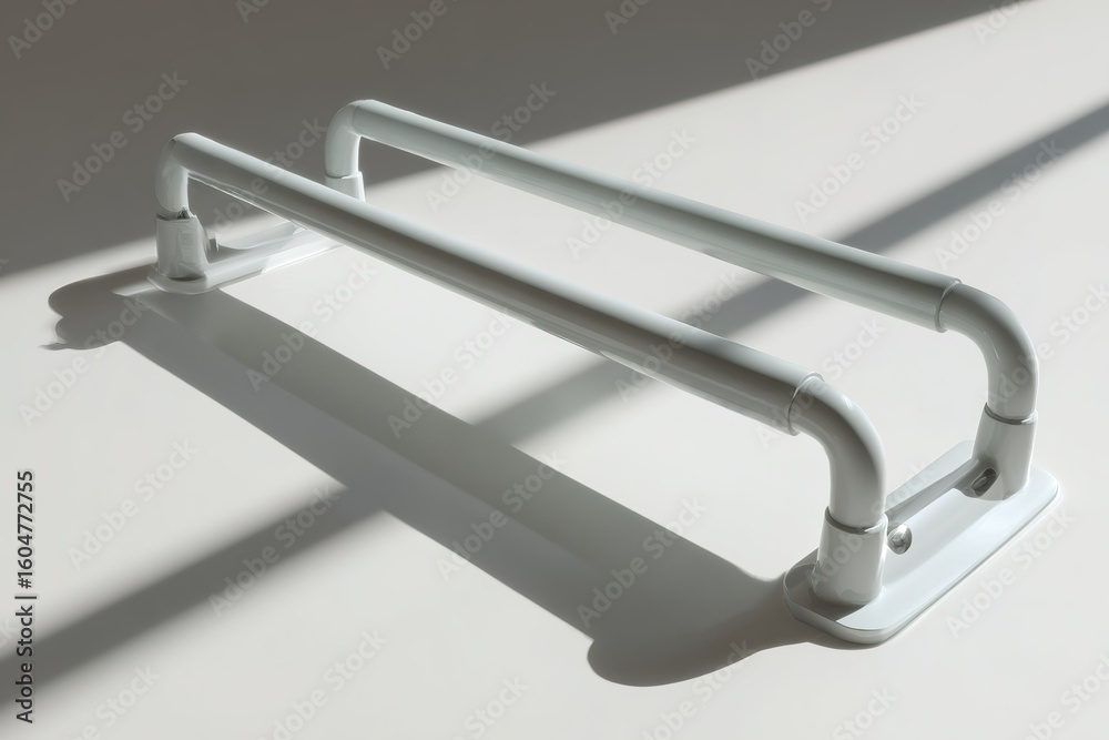 Poster white handrail positioned on a light-colored surface with shadows casting a dynamic pattern during d