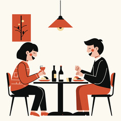 Couple enjoying dinner together at a restaurant table with wine  on Thanksgiving Day