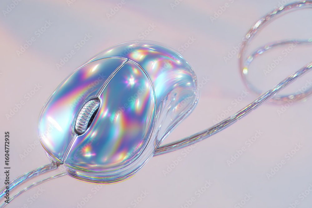 Poster holographic computer mouse resting on a soft surface with colorful reflections