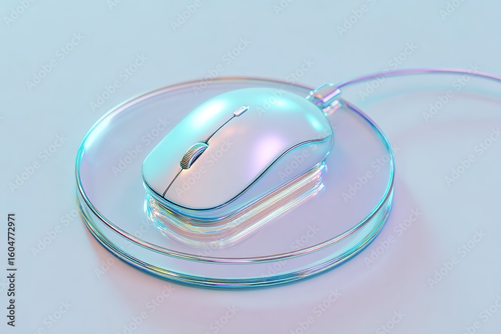 Poster modern computer mouse placed on a translucent circular mouse pad in an ambient light setting