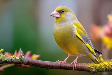 Close-up of a Yellow and Green Bird Perched on a Branch with Pink Flowe Background in a Nature Setting