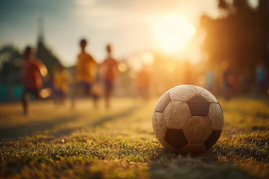 A soccer ball rests on a grassy field as children play in the background under the warm glow of the setting sun