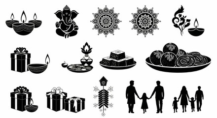 Diwali Celebration Icon Set – Diya Lamps, Ganesh, Rangoli, Sweets, Firecrackers, Puja, Gifts, Indian Holiday Vector

