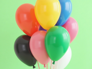 Image is a digital photograph featuring a cluster of colorful balloons against a soft green background.