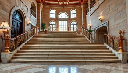 Obraz premium Grand villa's sweeping stone staircase, wide steps, brass railings, detail, luxury home