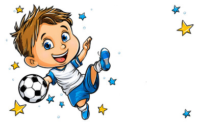 Cheerful cartoon boy playing football, wearing a white and blue uniform, kicking a soccer ball mid-air, surrounded by stars. Perfect for kids' sports themes, posters, or educational content.