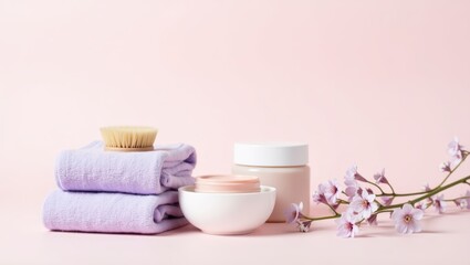 Lavender towels, skin care products, and delicate blossoms on a pastel pink surface.