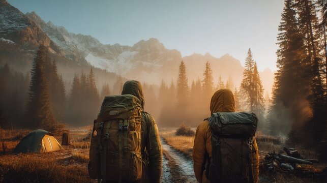 Two hikers with backpacks walking on a mountain trail du sunrise in a dense forest with tall pine trees and distant snow-capped peaks - Powered by Adobe